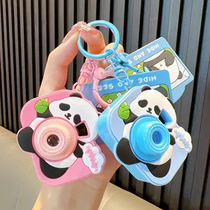 Cute cartoon panda toy projection camera keychain set for bags and car keys in pink and blue