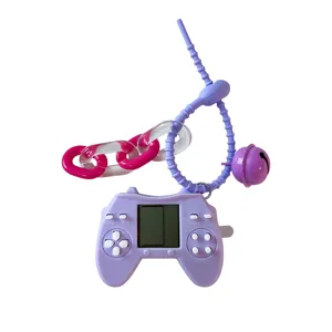 Retro purple mini handheld Tetris game console keychain with creative controller design and bell