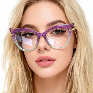 Close-up of stylish cat-eye glasses with purple gradient frame on a model