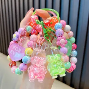 Schattige Acryl Geregen Konijn Sleutelhanger Armband Hart Hanger Drijfzand Vloeibare Olie Tas Charm Auto Sleutelring Cadeau