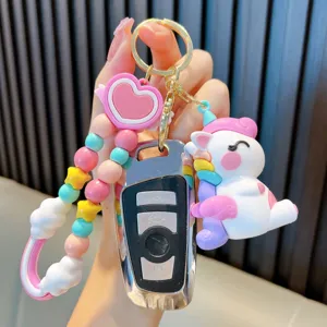 Porte-clés licorne macaron mignon avec perles colorées et breloque cœur rose