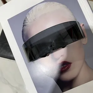 Close-up of futuristic oversized black wrap-around sunglasses in cyberpunk style.