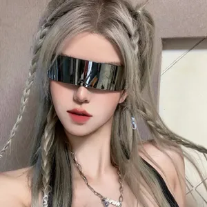 Futuristic one-piece mirrored wrap-around sunglasses with cyberpunk aesthetic style