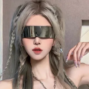 Futuristic silver mirrored one-piece visor sunglasses for trendy cyberpunk and rave fashion