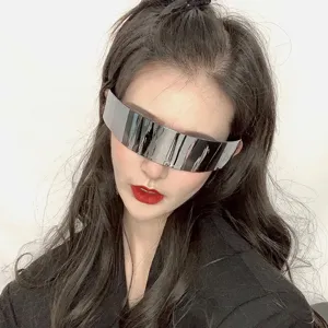 Cool futuristic silver mirrored one-piece sunglasses accessory, cyber style model shot