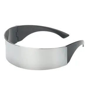 Futuristic silver visor sunglasses with a one-piece wrap-around mirror lens for cool style