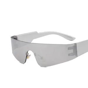 Futuristic rimless silver wrap-around sunglasses for stylish punk fashion outfits