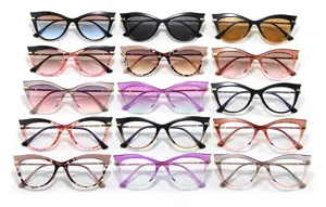 Selection of cat-eye anti-blue light glasses frames in various colors and patterns.