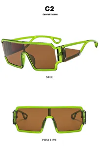 Oversized retro hollow square sunglasses for women and men, trendy green frame shades.