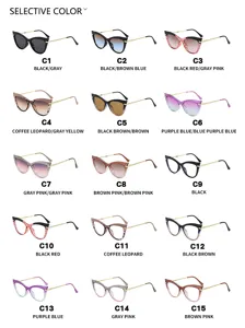 Grid display of 15 colorful cat-eye glasses frames with various lens tints and styles