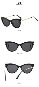 Detailed views of stylish black cat-eye glasses with gold temples from three different angles