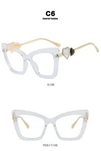 Side and front view of fashionable transparent cat-eye glasses with heart detail