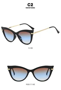 Detailed showcase of cat-eye blue light glasses featuring gradient lenses and gold temples