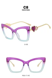 Detailed front and side views of purple gradient cat-eye glasses with heart temple accents