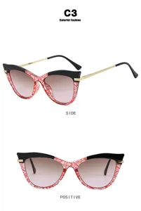 Side and front views of stylish cat-eye glasses with red patterned frames and gold temples