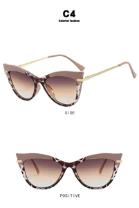 Trendy cat-eye anti-blue light glasses with leopard print frames, front and side views.
