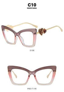 Detail view showing side and front of gradient cat-eye glasses with heart temple accents