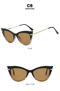 Detailed multi-angle views of cat-eye glasses with metal frames and color blocking
