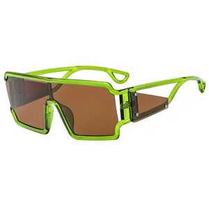 Fashion oversized cutout square sunglasses with neon green frame and brown lenses for men.
