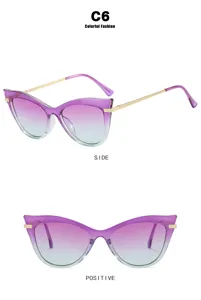 Detail view of purple gradient cat-eye glasses with gold metal temples and modern design
