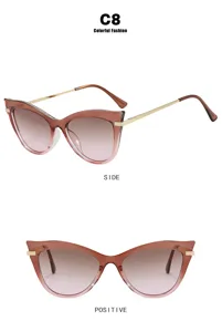Front and side views of stylish cat-eye blue light blocking glasses with metal temples