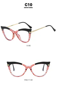 Macro view of red and black cat-eye anti-blue light glasses frames with C10 style