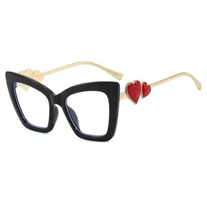 Fashionable cat-eye blue light blocking glasses with red heart details on gold temples