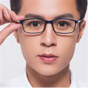 Close-up portrait of a male model wearing stylish blue retro anti-blue light glasses frame.