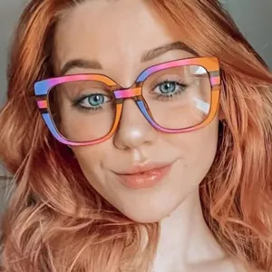 Close-up view of vibrant rainbow square anti-blue light glasses worn by a model for a trendy look