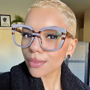 Stylish square blue light blocking glasses with blue and tortoiseshell frame on model
