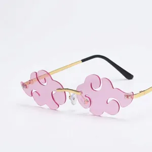 Gafas de sol retro sin montura con forma de nube lentes rosas y montura de metal dorado