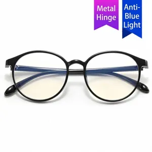 Stylish round black anti-blue light glasses frame with durable metal hinges for daily wear.