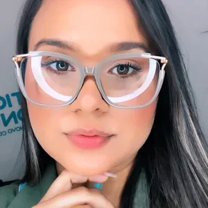 Detailed view of fashionable square cat eye anti-blue light glasses frame on a female model