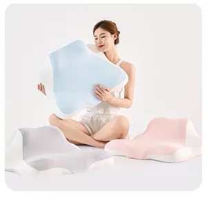 Modelo sosteniendo una almohada ergonómica multifuncional en azul suave y blanco