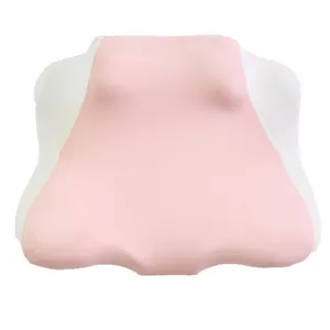 Almohada ergonómica rosa y blanca para soporte cervical y lectura cómoda