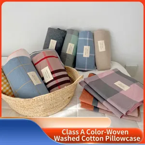 Class A Pure Washed Cotton Pillowcase Yarn Dyed Plaid Striped Soft Breathable Envelope Closure Pillow Cover For Bedroom Home Decor