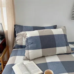 Minimalist blue and grey checkered washed cotton pillowcase set for home bedding decor