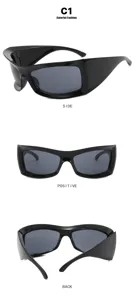 Detailansichten einer übergroßen schwarzen Sportsonnenbrille aus drei verschiedenen Blickwinkeln
