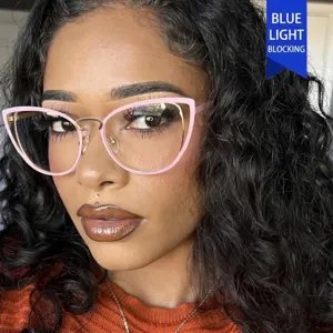 Elegantes gafas de ojo de gato rosa montura metálica anti-luz azul estilo Y2K para mujer