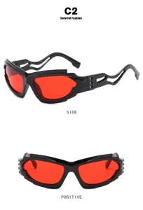 Futuristic punk style cycling sunglasses with vibrant red lenses and black frame