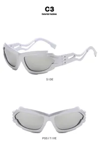 Detailed view of silver futuristic cycling sunglasses with punk irregular frame