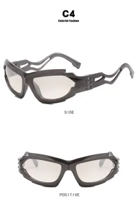 Detail view of futuristic irregular punk cycling sunglasses in dark grey frame