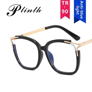 Anti-blue light square cat-eye eyeglass frame with gold metal temples, TR90 material