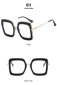 Detail view of stylish square black and gold glasses frames in side and front angles