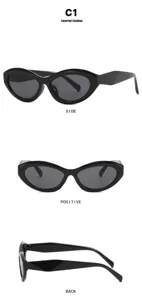 Gedetailleerd zij-, voor- en achteraanzicht van de trendy zwarte cat-eye zonnebril voor dames.