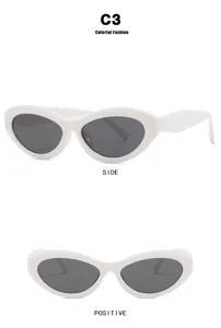Moderne witte cat-eye zonnebril met ovaal montuur vanuit verschillende hoeken getoond