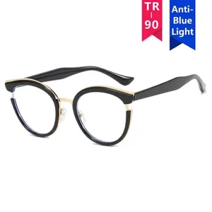 Stijlvolle retro ronde oversized anti-blauw licht brilmonturen in zwart en goud