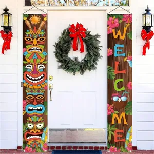Bannières de Porche Fête Luau Tiki Tropical Hawaïen Welcome Totem Imprimé Signe de Porche Décoration de Porte Maison