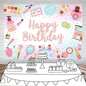 Makeup themed Happy Birthday photography backdrop with pastel cosmetic illustrations