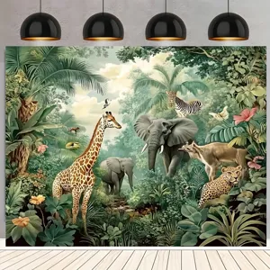 Toile de Fond Photographie Thème Safari Animaux de la Jungle Forêt Lion Éléphant Girafe Décorations de Fête d'Anniversaire pour Enfants en Polyester